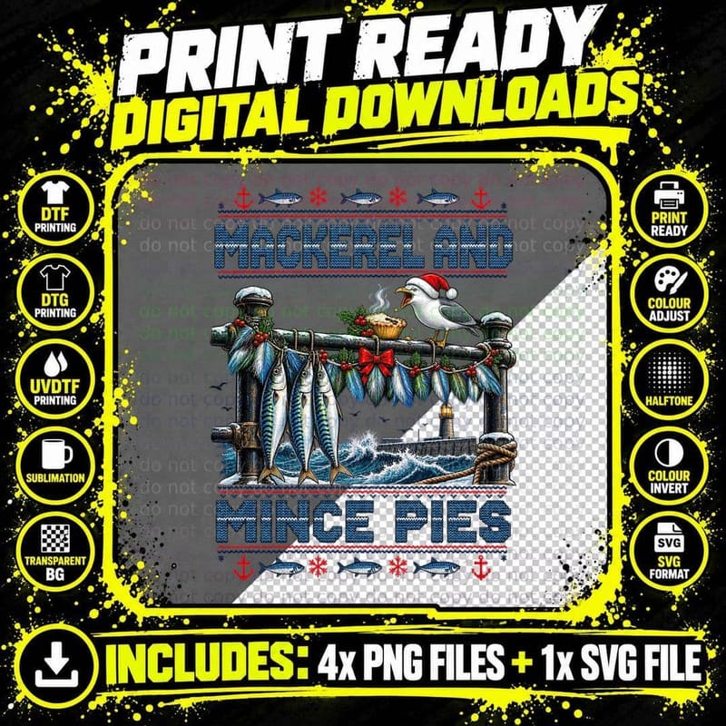 Sea Fishing Christmas Mackerel Angler Fisherman Ugly Png SVG Digital Bundle