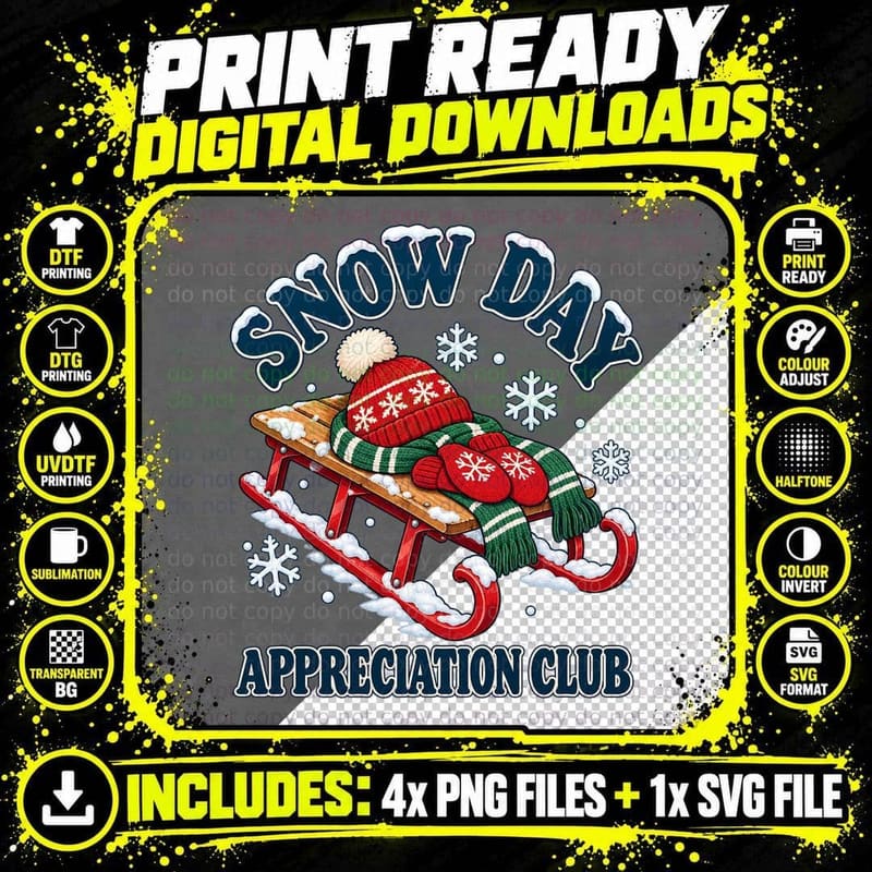 Snow Day Appreciation Club Wooden Sledge Bobble Hat Winter Christmas T-Shirt Png SVG Digital Bundle