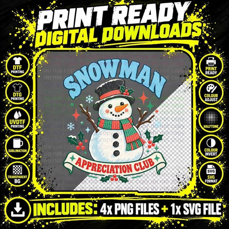 Snowman Appreciation Club Cute Top Hat Carrot Nose Scarf Christmas Retro T-Shirt Png SVG Digital Bundle