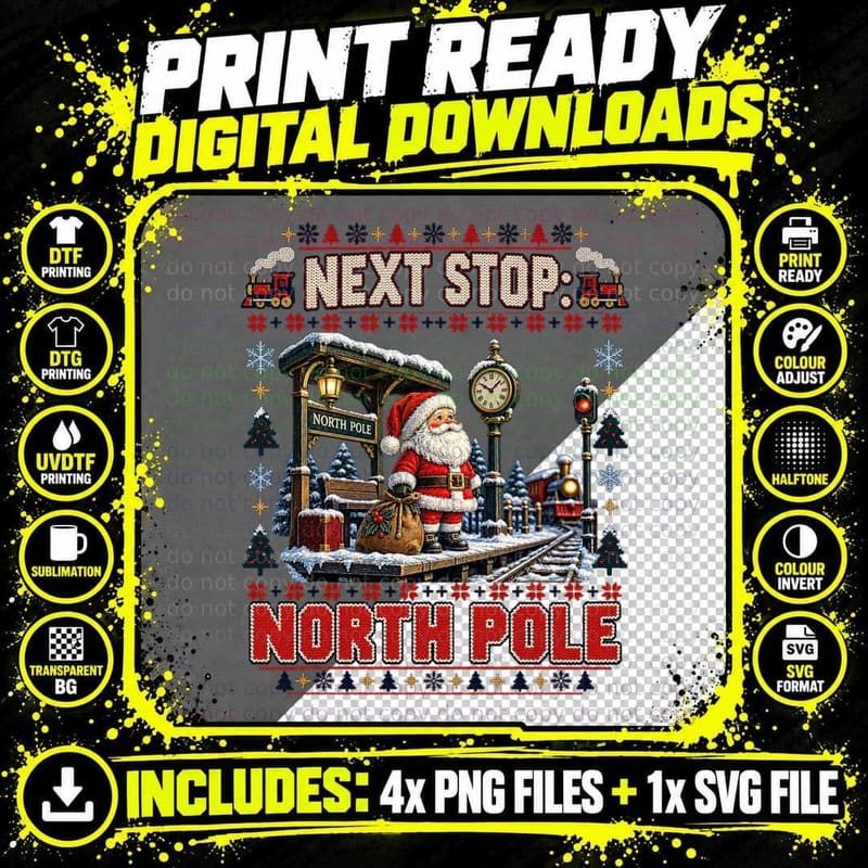 Tiny Santa Model Railway Christmas Train Ugly Sweater Png SVG Digital Bundle