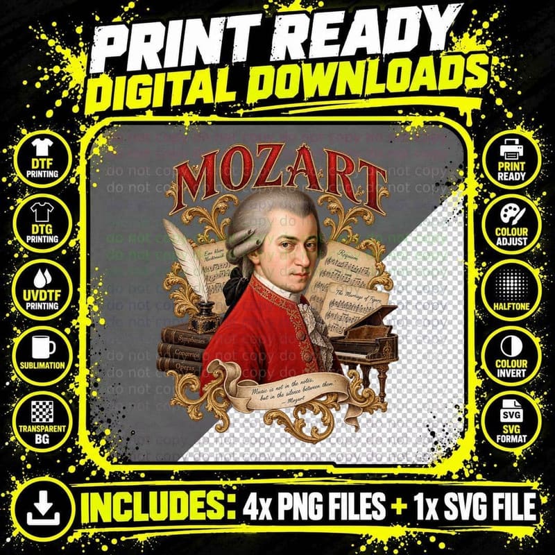 Mozart Classical Composer Baroque Portrait Piano Sheet Music Vintage T-Shirt Png SVG Digital Bundle