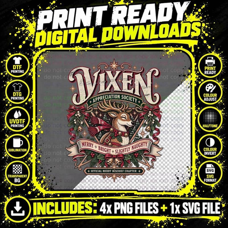 Vixen Appreciation Society Slightly Naughty Reindeer Christmas Retro T-Shirt Png SVG Digital Bundle
