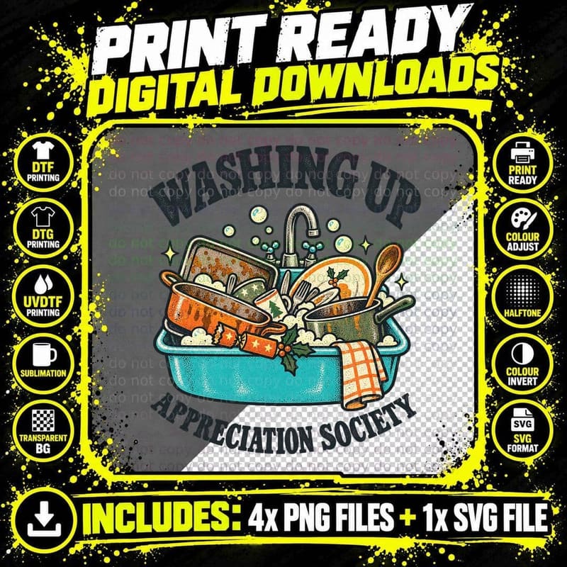 Washing Up Appreciation Society Christmas Dinner Dishes Funny Retro T-Shirt Png SVG Digital Bundle