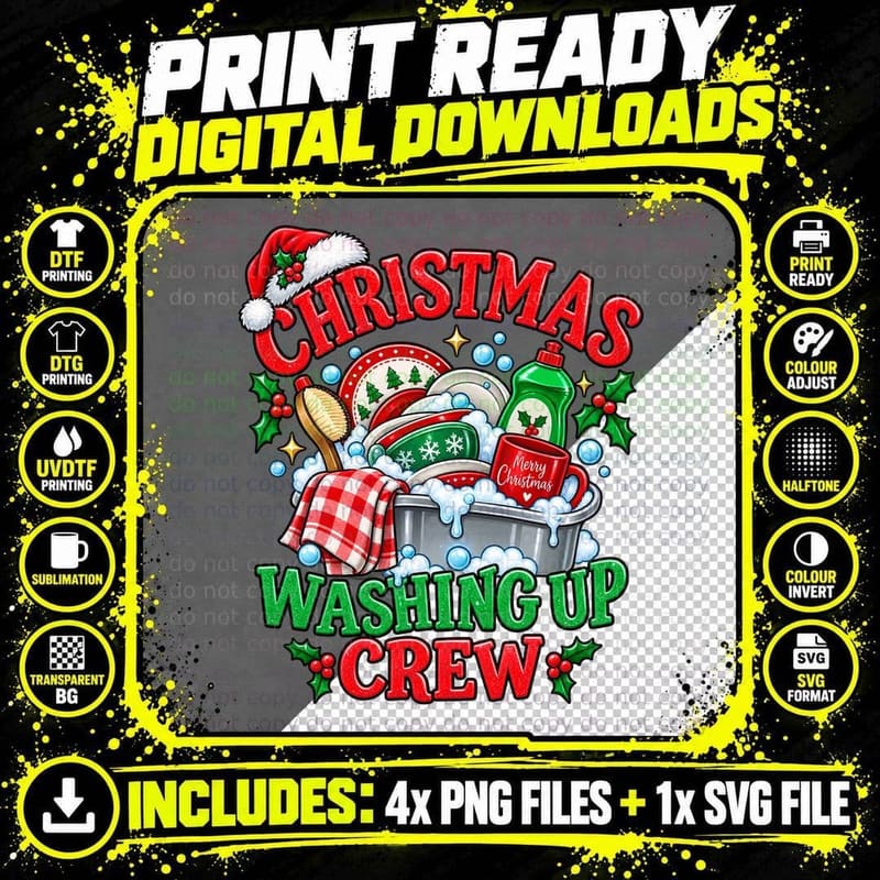 Christmas Washing Up Crew Funny Kitchen Dishes Family Dinner Santa Hat T-Shirt Png SVG Digital Bundle