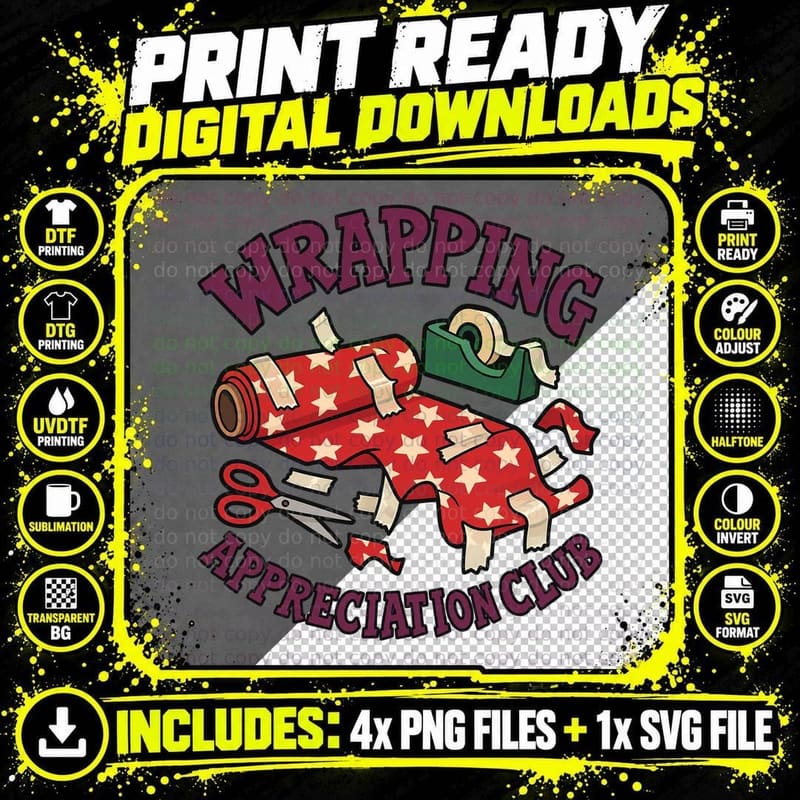 Wrapping Appreciation Club Christmas Present Paper Tape Funny Retro T-Shirt Png SVG Digital Bundle