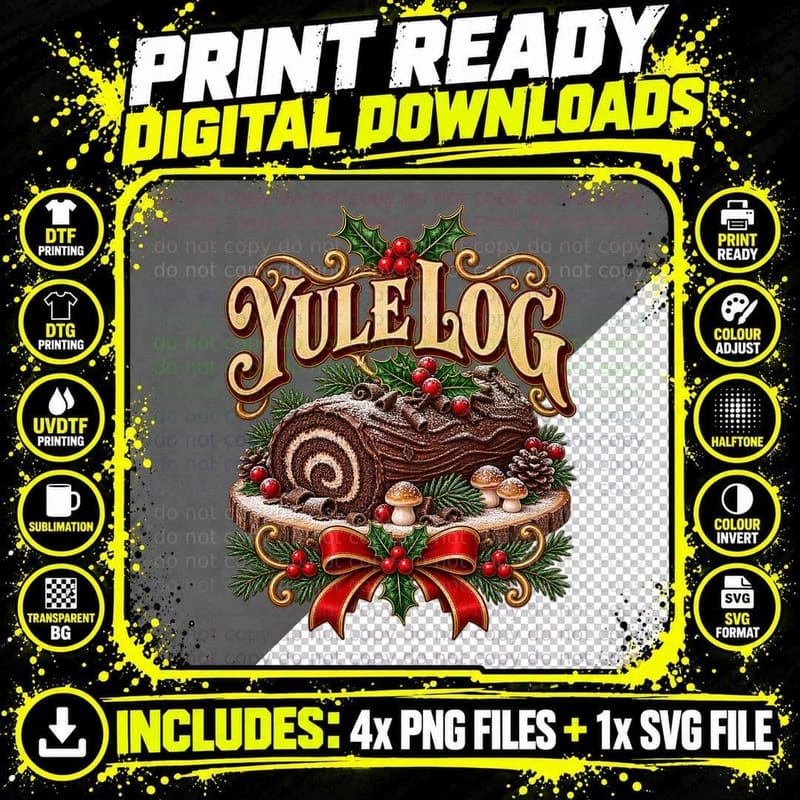 Yule Log Chocolate Christmas Cake Vintage Festive Dessert Baking T-Shirt Png SVG Digital Bundle