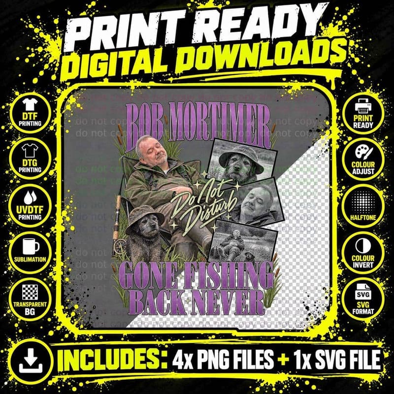 Bob Mortimer Gone Fishing Retro Magazine Collage Funny Png SVG Digital Bundle