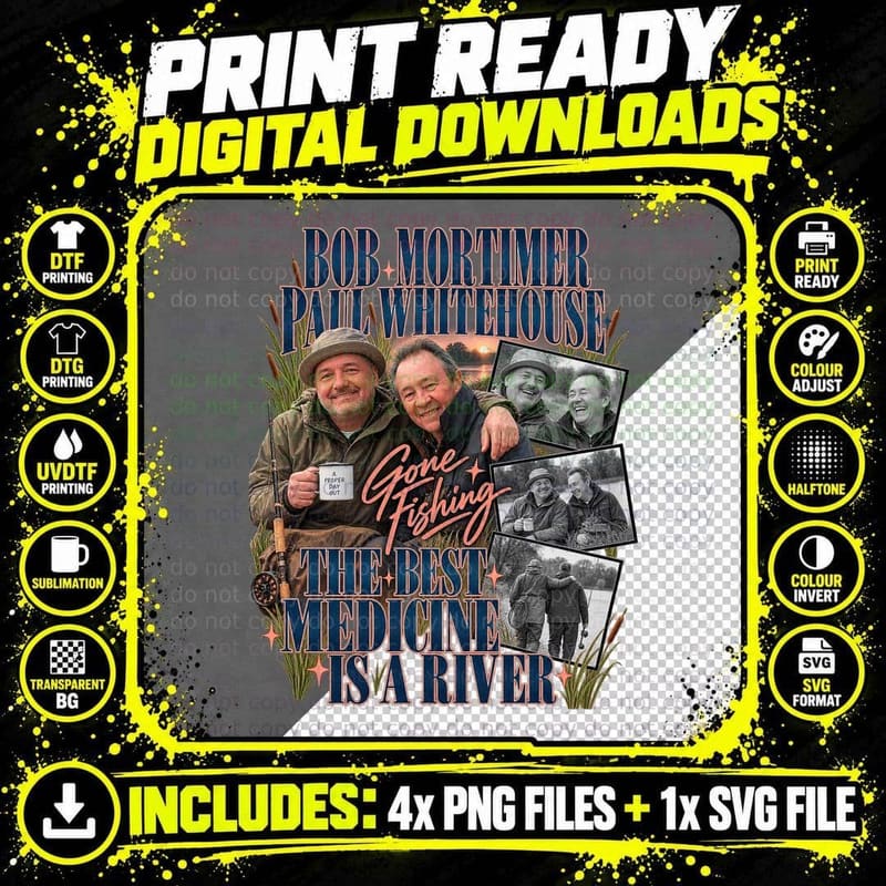 Bob Mortimer Gone Fishing Retro Magazine Collage River Png SVG Digital Bundle