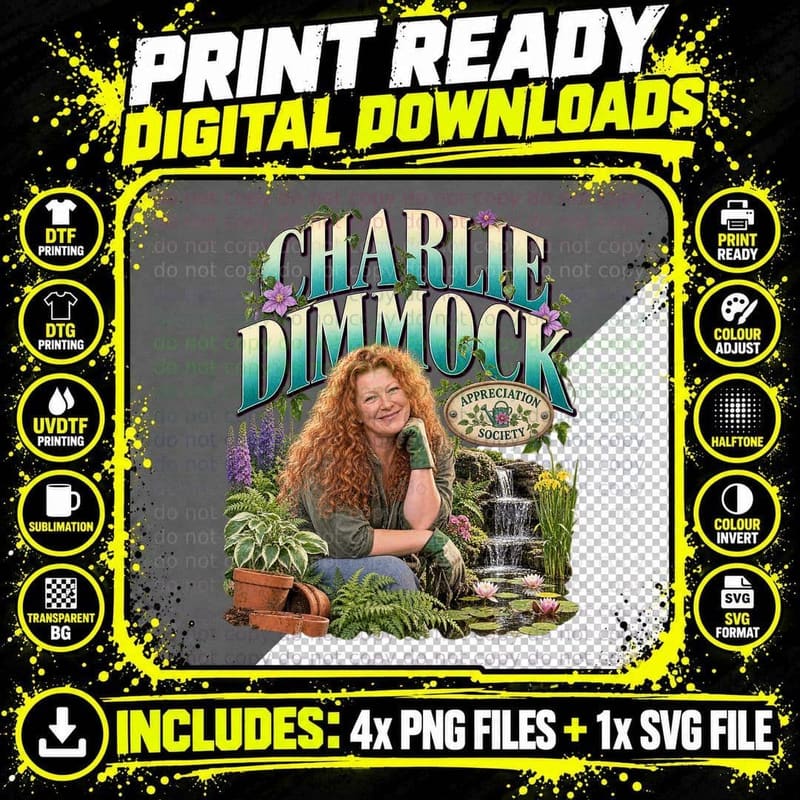 Charlie Gardening Appreciation Society Water Feature Red Curls Presenter T-Shirt Png SVG Digital Bundle
