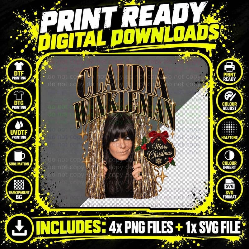Claudia Merry Christmas Fringe Tinsel Curtain TV Presenter Comedy Retro T-Shirt Png SVG Digital Bundle