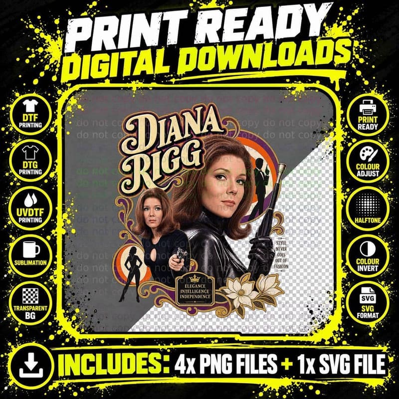 Diana Emma Peel Elegance Intelligence Independence 60s Spy Catsuit TV T-Shirt Png SVG Digital Bundle