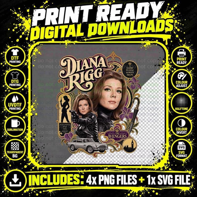 Diana Emma Peel A Good Puzzle Always Helps 60s Spy Bowler Umbrella TV T-Shirt Png SVG Digital Bundle