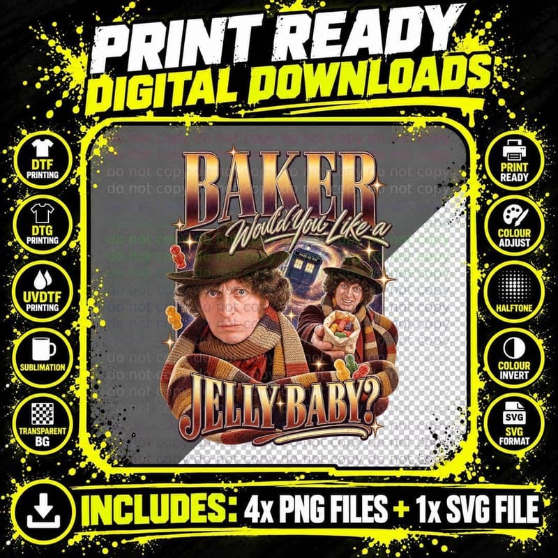 Doctor Who Tom Baker Fourth Doctor Jelly Baby Retro Sci Png SVG Digital Bundle