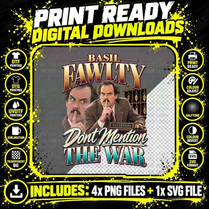 Basil Don't Mention The War Torquay Hotel Retro 70s British Sitcom T-Shirt Png SVG Digital Bundle