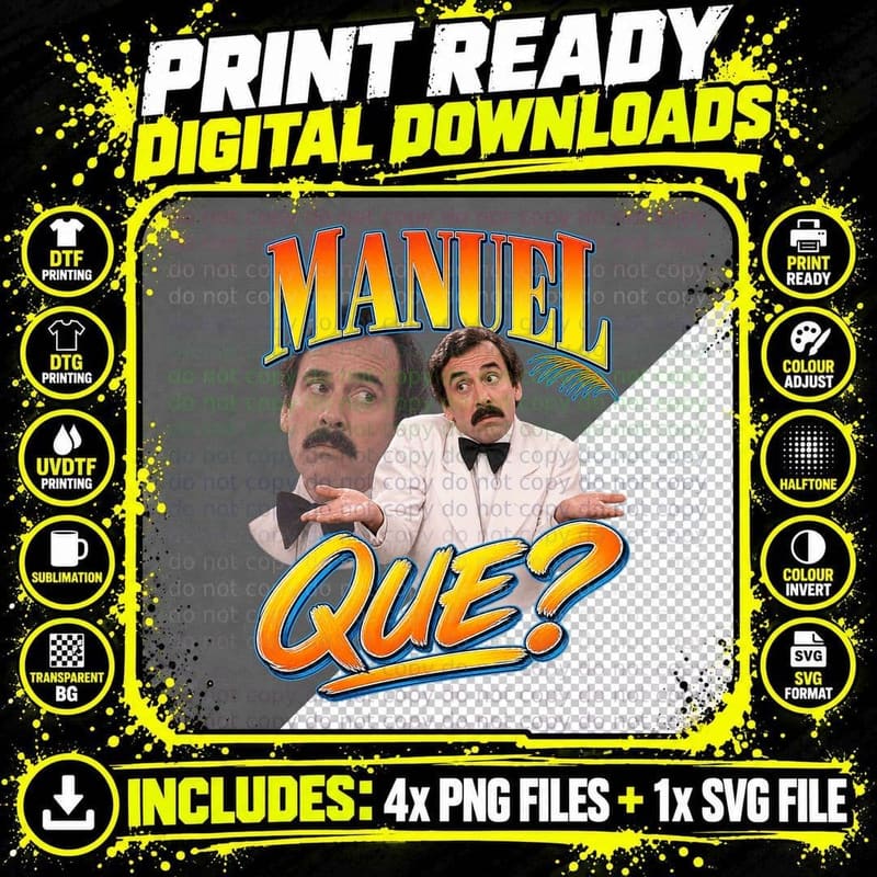 Manuel Que Spanish Waiter Torquay Hotel Retro 70s British Sitcom T-Shirt Png SVG Digital Bundle