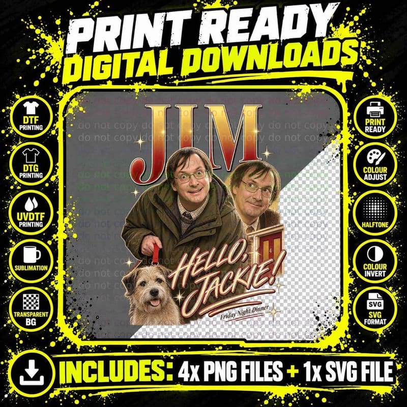 Jim Hello Jackie Awkward Neighbour Dog Retro British Family Sitcom Quote T-Shirt Png SVG Digital Bundle
