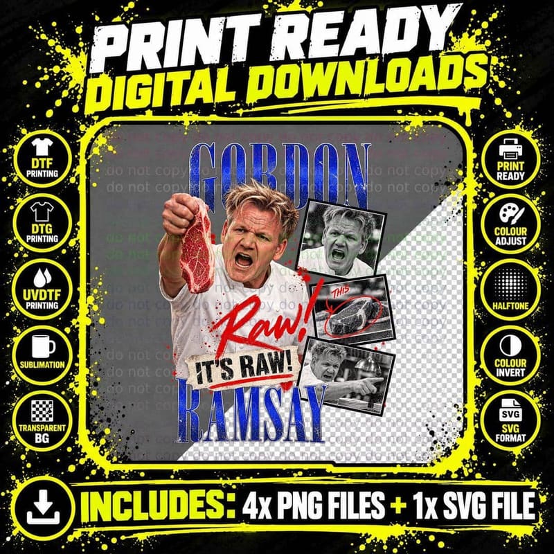 Gordon Ramsay It's Raw Vintage Kitchen Meme Chef Comedy Png SVG Digital Bundle