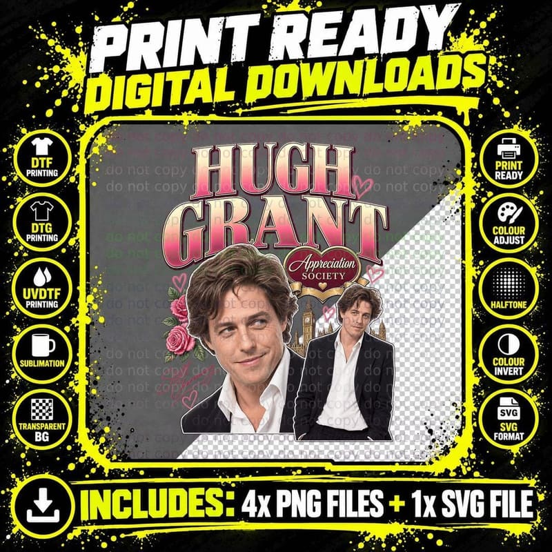 Hugh Appreciation Society Floppy Hair Rom Com Star London British Actor T-Shirt Png SVG Digital Bundle