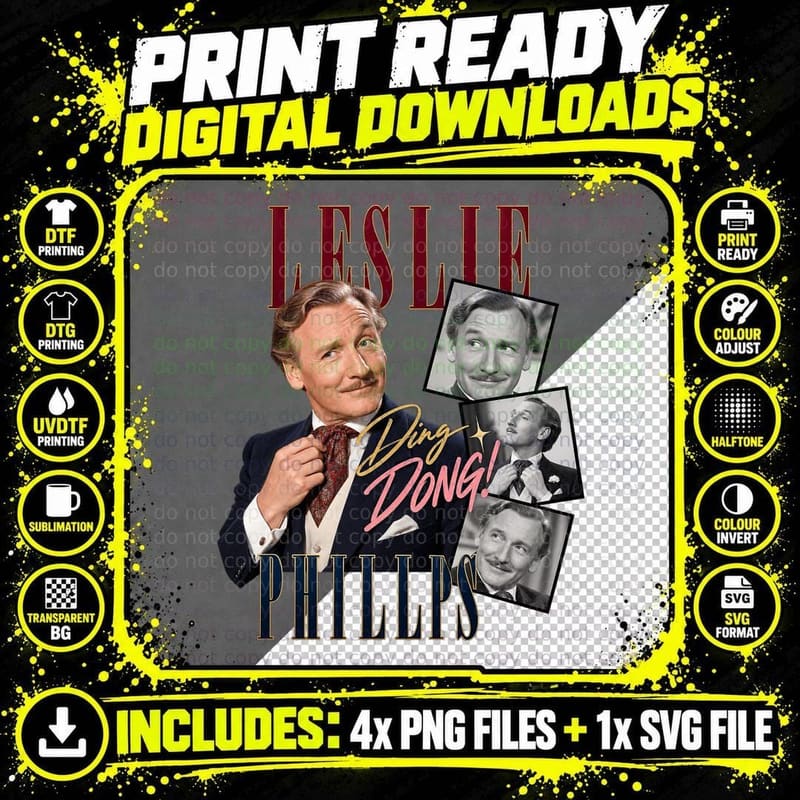 Leslie Ding Dong Cad Cravat Moustache Retro 60s British Comedy Film Star T-Shirt Png SVG Digital Bundle
