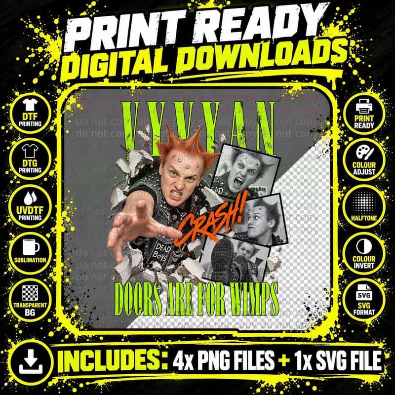 Vyvyan Doors Are For Wimps Quote 80s Punk Student Anarchic Sitcom Retro T-Shirt Png SVG Digital Bundle