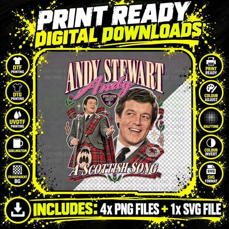 Andy A Scottish Song Appreciation Society Vintage 60s Tartan Kilt Singer T-Shirt Png SVG Digital Bundle