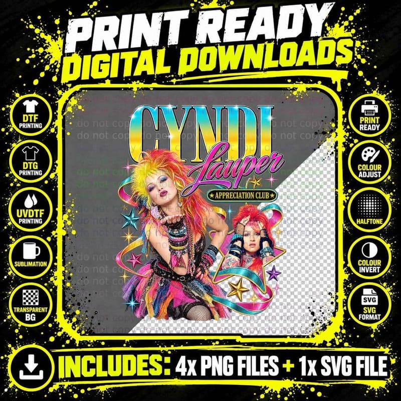 Cyndi Appreciation Club 80s Pop Singer Rainbow Hair Neon Retro Vintage T-Shirt Png SVG Digital Bundle