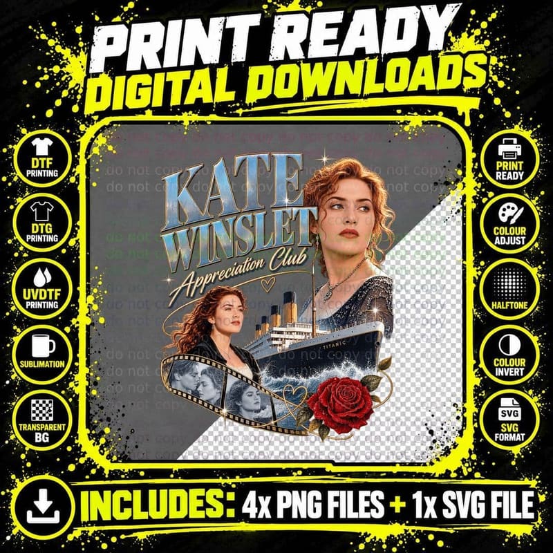 Kate Appreciation Club 90s Ocean Liner Romance Movie Actress Rose T-Shirt Png SVG Digital Bundle
