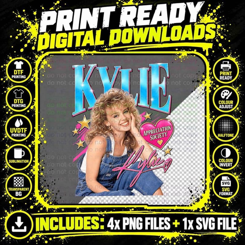 Kylie Appreciation Society 80s Pop Princess Dungarees Curly Retro T-Shirt Png SVG Digital Bundle
