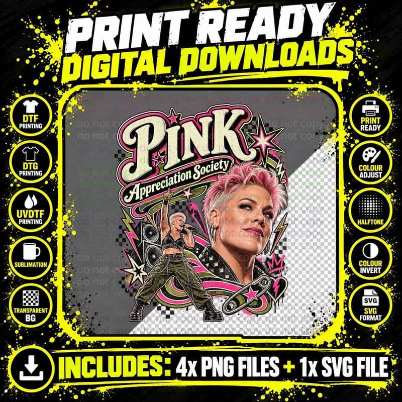 Pink Appreciation Society Punk Pop Singer Spiky Hair Rock Star T-Shirt Png SVG Digital Bundle