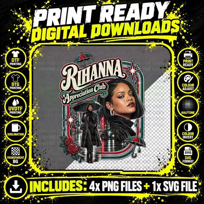 Rihanna Appreciation Club Pop Singer Rain Umbrella Retro Vintage Music T-Shirt Png SVG Digital Bundle