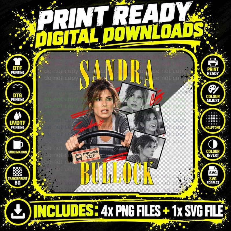 Sandra Appreciation Society 90s Movie Actress Bus Driver Photo Collage T-Shirt Png SVG Digital Bundle