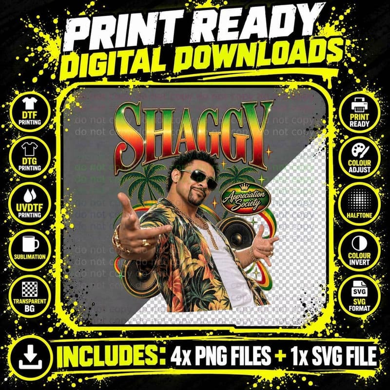 Shaggy Appreciation Society Reggae Dancehall Singer Palm Trees Retro T-Shirt Png SVG Digital Bundle