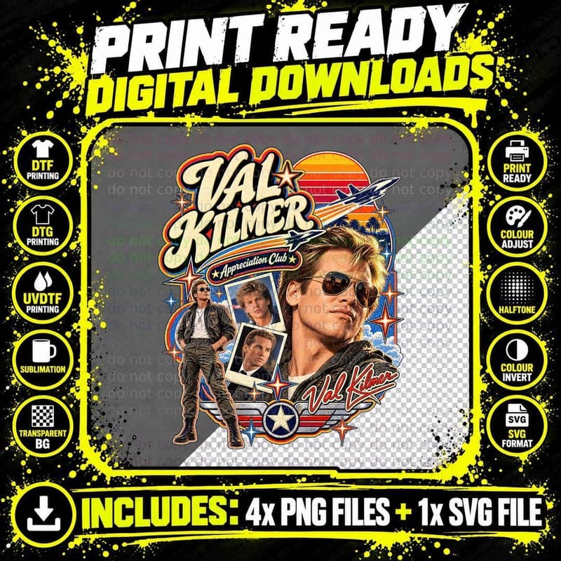 Val Kilmer Top Gun Vintage 80s Retro Fan Club T-Shirt Png SVG Digital Bundle