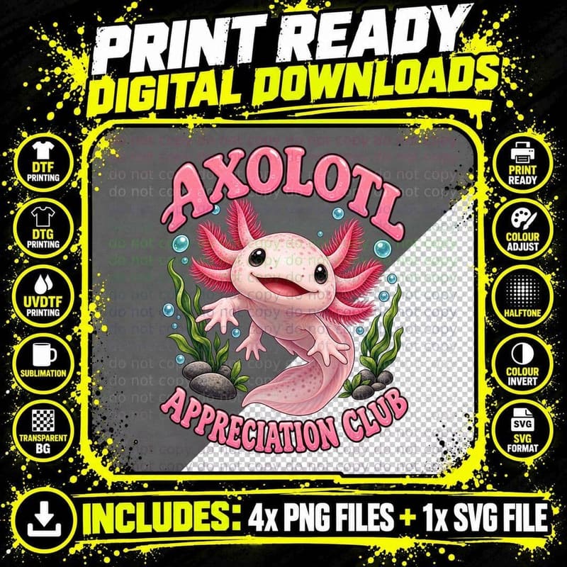 Axolotl Appreciation Club Cute Pink Salamander Lover Aquarium Kawaii T-Shirt Png SVG Digital Bundle