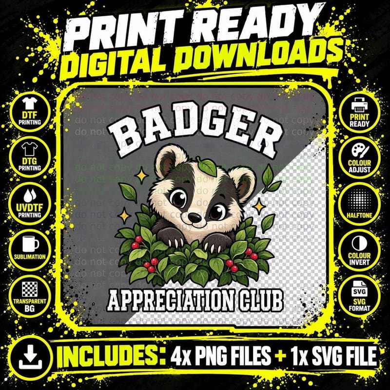 Badger Appreciation Club Cute Woodland Animal Holly Berries Wildlife T-Shirt Png SVG Digital Bundle