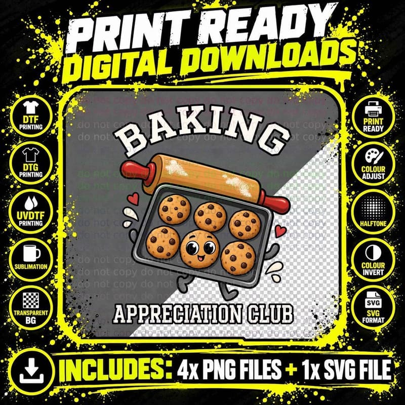Baking Appreciation Club Rolling Pin Chocolate Chip Cookies Baker Retro T-Shirt Png SVG Digital Bundle