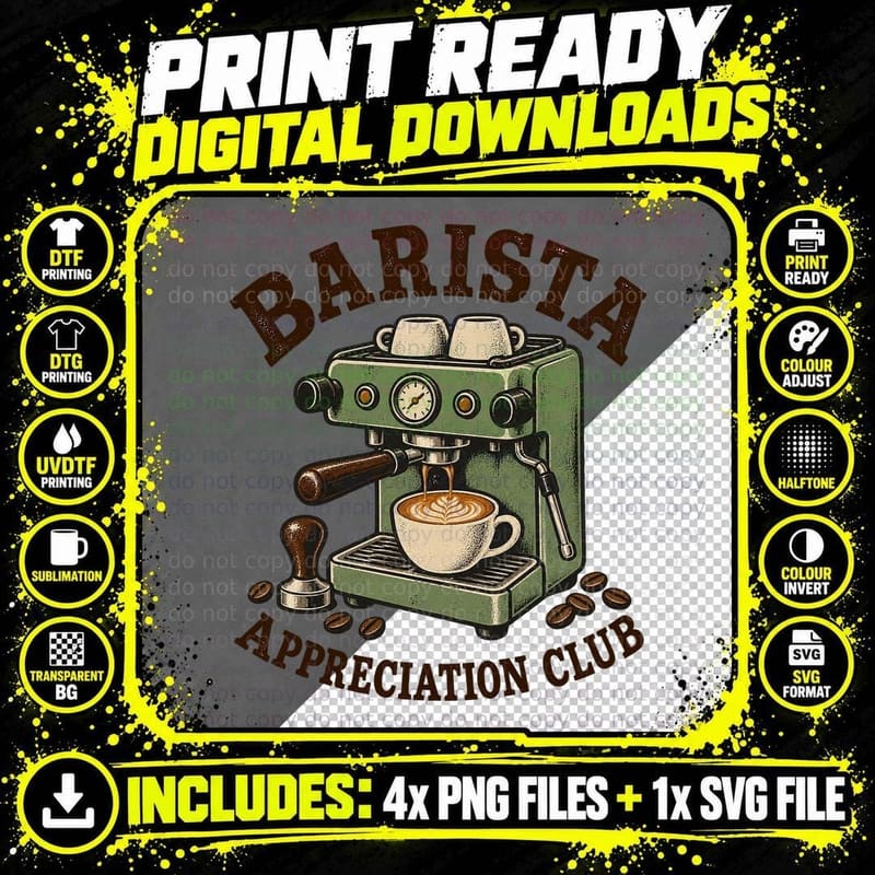 Barista Appreciation Club Espresso Machine Latte Art Coffee Lover Cafe T-Shirt Png SVG Digital Bundle
