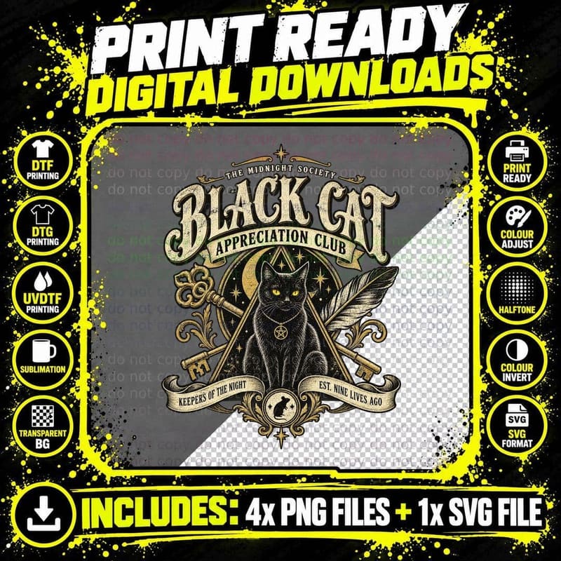 Black Cat Appreciation Club Keepers Of The Night Nine Lives Witchy T-Shirt Png SVG Digital Bundle