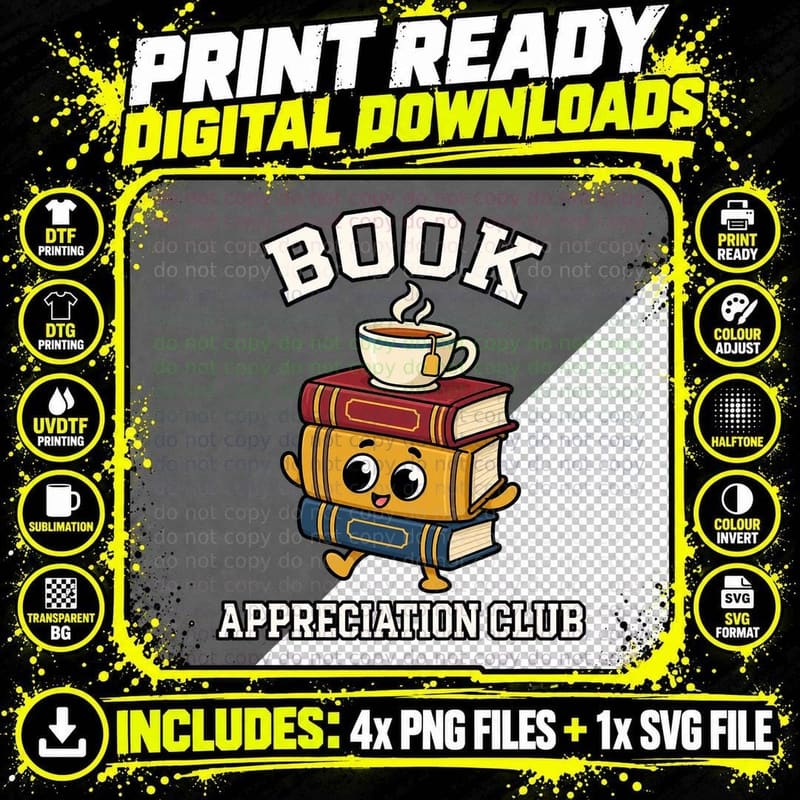 Book Appreciation Club Cute Stack With Cup Of Tea Reading Bookworm Retro T-Shirt Png SVG Digital Bundle