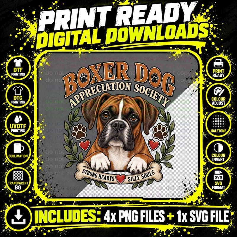 Boxer Dog Appreciation Society Strong Hearts Silly Souls Puppy Owner T-Shirt Png SVG Digital Bundle