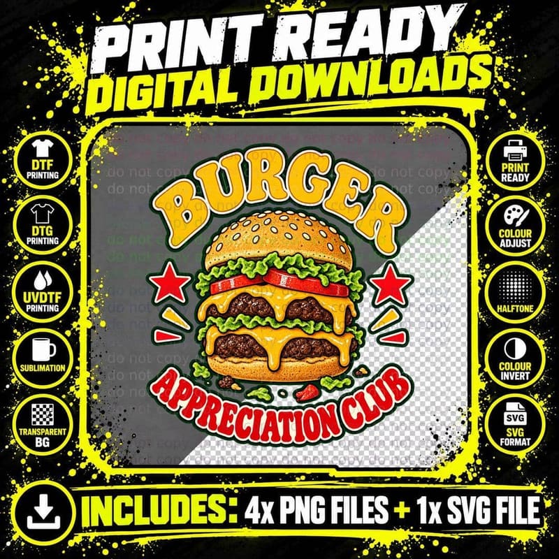 Burger Appreciation Club Double Cheeseburger Retro Fast Food Lover Funny T-Shirt Png SVG Digital Bundle