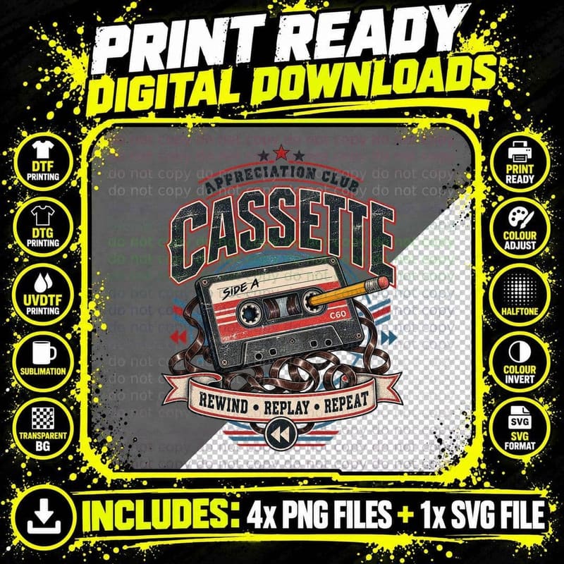 Cassette Appreciation Club Rewind Replay Repeat Mixtape 80s Retro Music T-Shirt Png SVG Digital Bundle