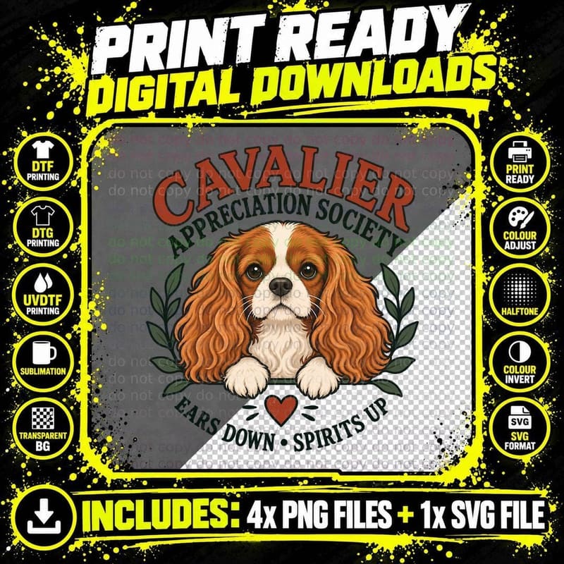 Cavalier Appreciation Society Ears Down Spirits Up King Charles Spaniel T-Shirt Png SVG Digital Bundle