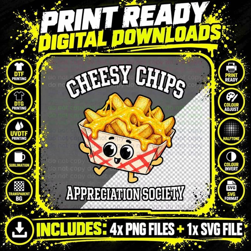 Cheesy Chips Appreciation Society Melted Cheese Takeaway Tray British T-Shirt Png SVG Digital Bundle