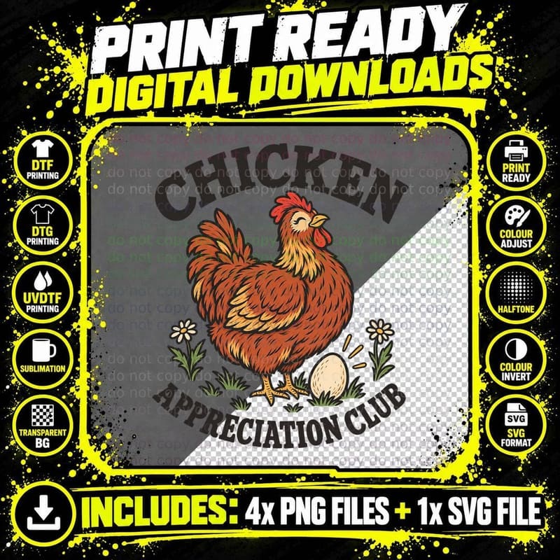 Chicken Appreciation Club Brown Hen Egg Daisies Farm Animal Vintage T-Shirt Png SVG Digital Bundle