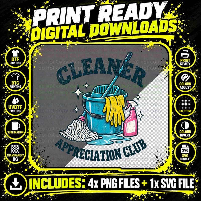 Cleaner Appreciation Club Mop Bucket Cleaning Crew Housekeeper Funny T-Shirt Png SVG Digital Bundle