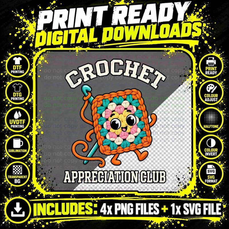 Crochet Appreciation Club Granny Square Crocheter Yarn Hook Craft Lover T-Shirt Png SVG Digital Bundle