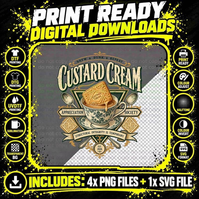 Custard Cream Appreciation Society Brew Dunk Repeat Teacup Biscuit Retro T-Shirt Png SVG Digital Bundle