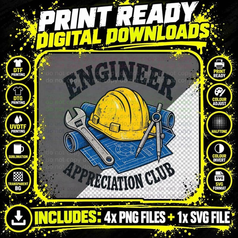 Engineer Appreciation Club Hard Hat Blueprint Spanner Engineering Work T-Shirt Png SVG Digital Bundle