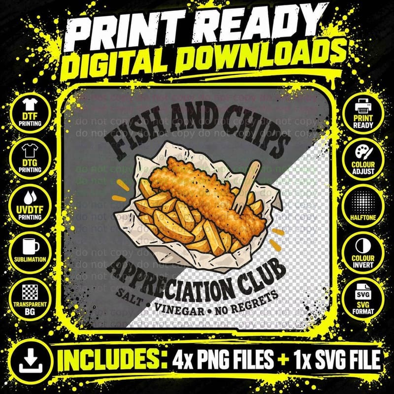 Fish And Chips Appreciation Club Salt Vinegar No Regrets British Chippy T-Shirt Png SVG Digital Bundle